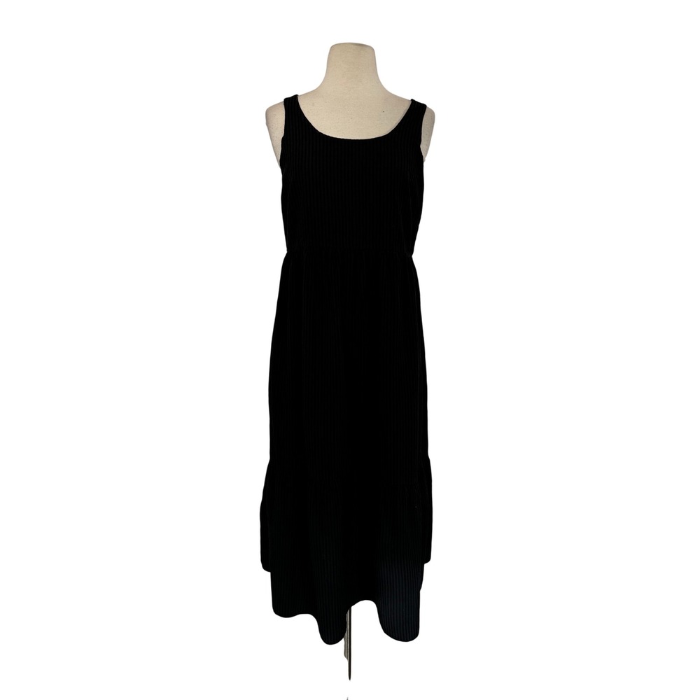 J. Jill Womens Black Ribbed Sleeveless Tiered Midi Dress Scoop Neck SZ Medium